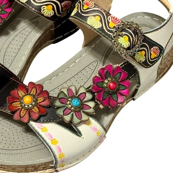 L'ARTISTE Nadira Genuine Leather Floral Embellished Strappy Comfortable Sandal - Picture 3 of 13